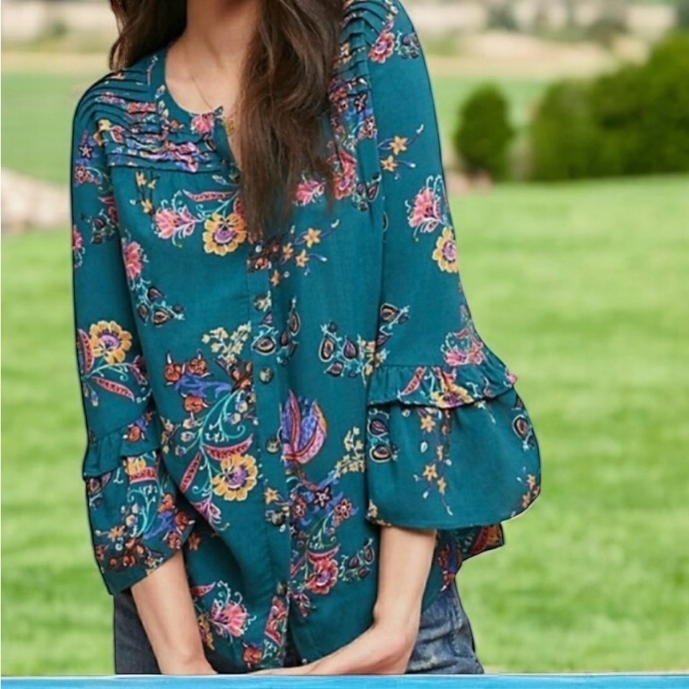 Maeve Teal Floral Button Down Blouse XS Boho Ruffle Sleeve Top Cottagecore Chic